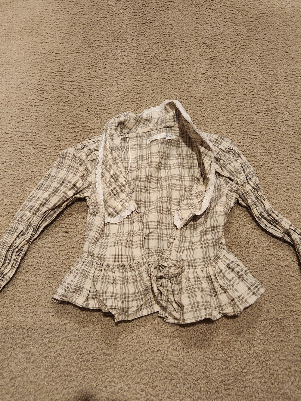 Altar'd State Beige Plaid Peplum Blouse with Lace Collar